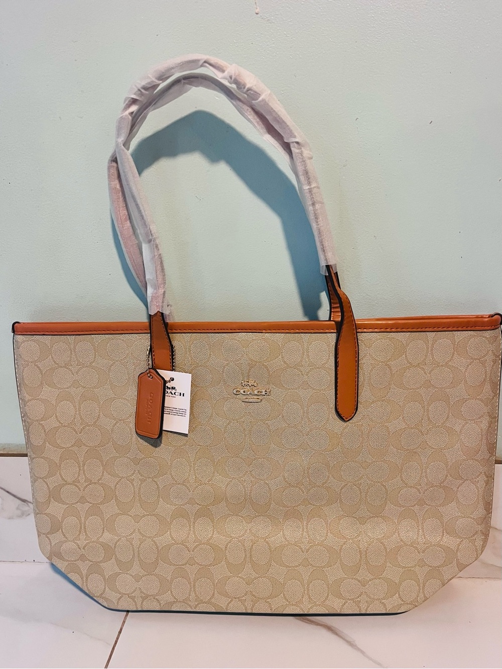 Coach Beige Signature Canvas Tote with Tan Trim and Gold Logo
